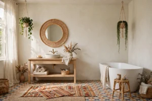 Boho bathroom with rattan mirror, hanging plants, patterned tile and layered rugs in warm daylight