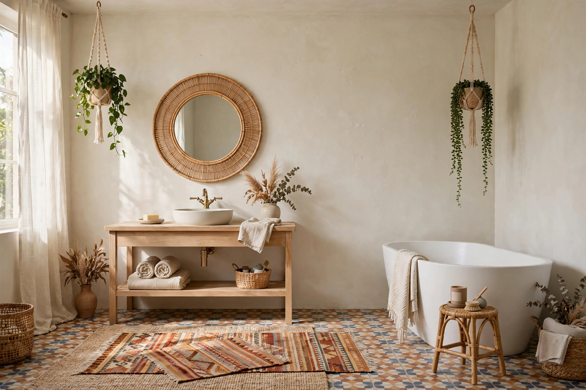 Boho bathroom with rattan mirror, hanging plants, patterned tile and layered rugs in warm daylight