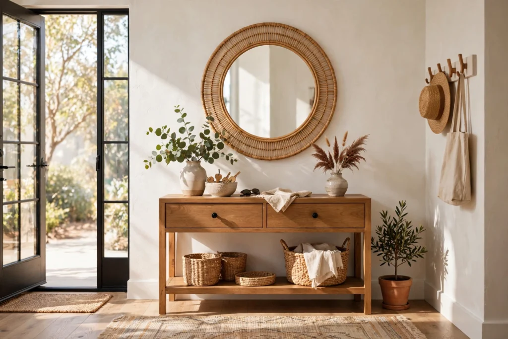 Bright Entryway With a Round Mirror Above a Console Table