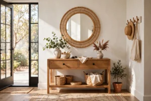 Bright Entryway With a Round Mirror Above a Console Table