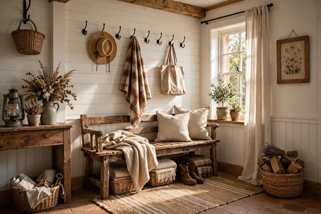 Cozy Farmhouse Entryway With Rustic Bench and Vintage Decor