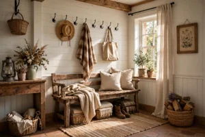 Cozy Farmhouse Entryway With Rustic Bench and Vintage Decor