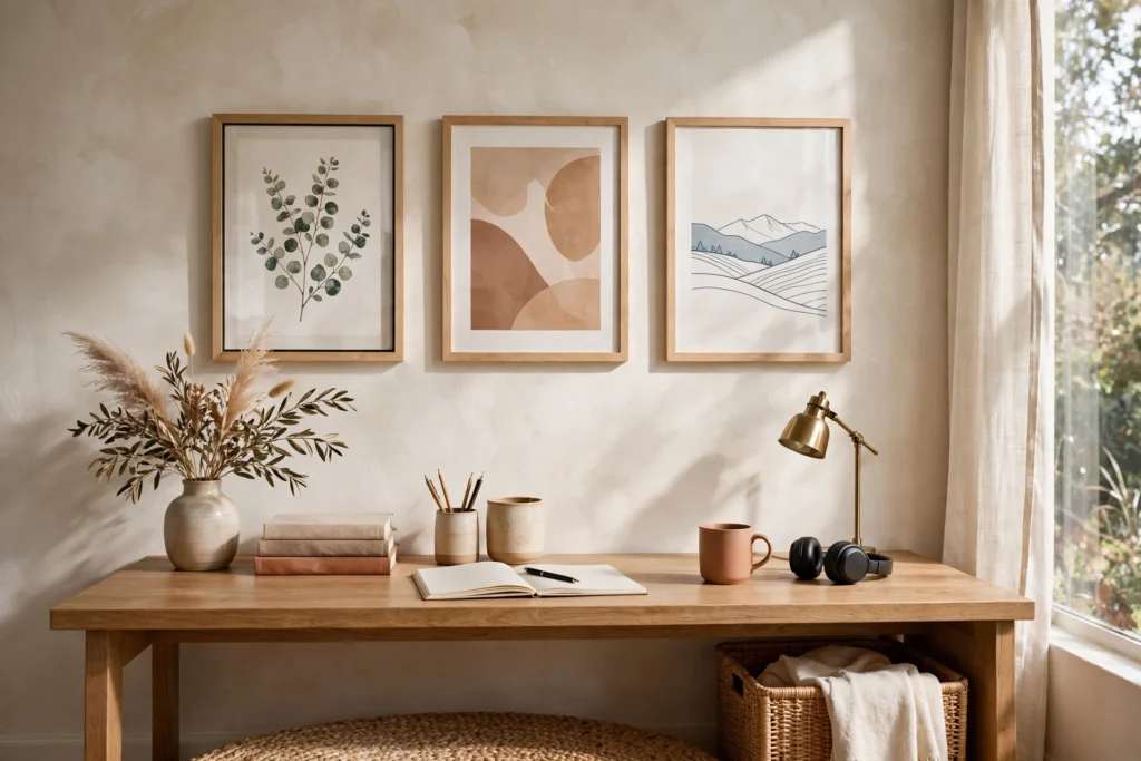 Home Office Wall With Framed Art Prints Above A Desk