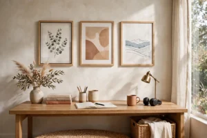 Home Office Wall With Framed Art Prints Above A Desk