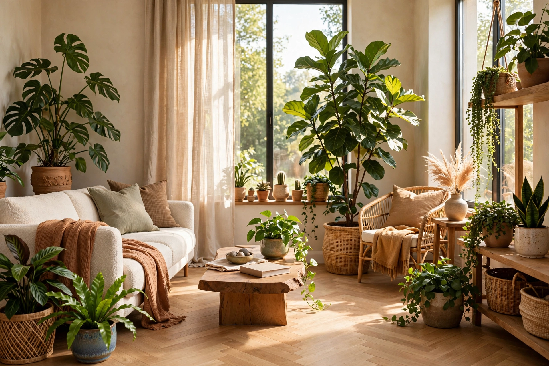 Sunlit Living Room Filled With Lush Green Houseplants In Decorative Planters