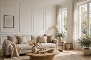 Elegant Living Room With White Wall Molding Panels And Neutral Sofa