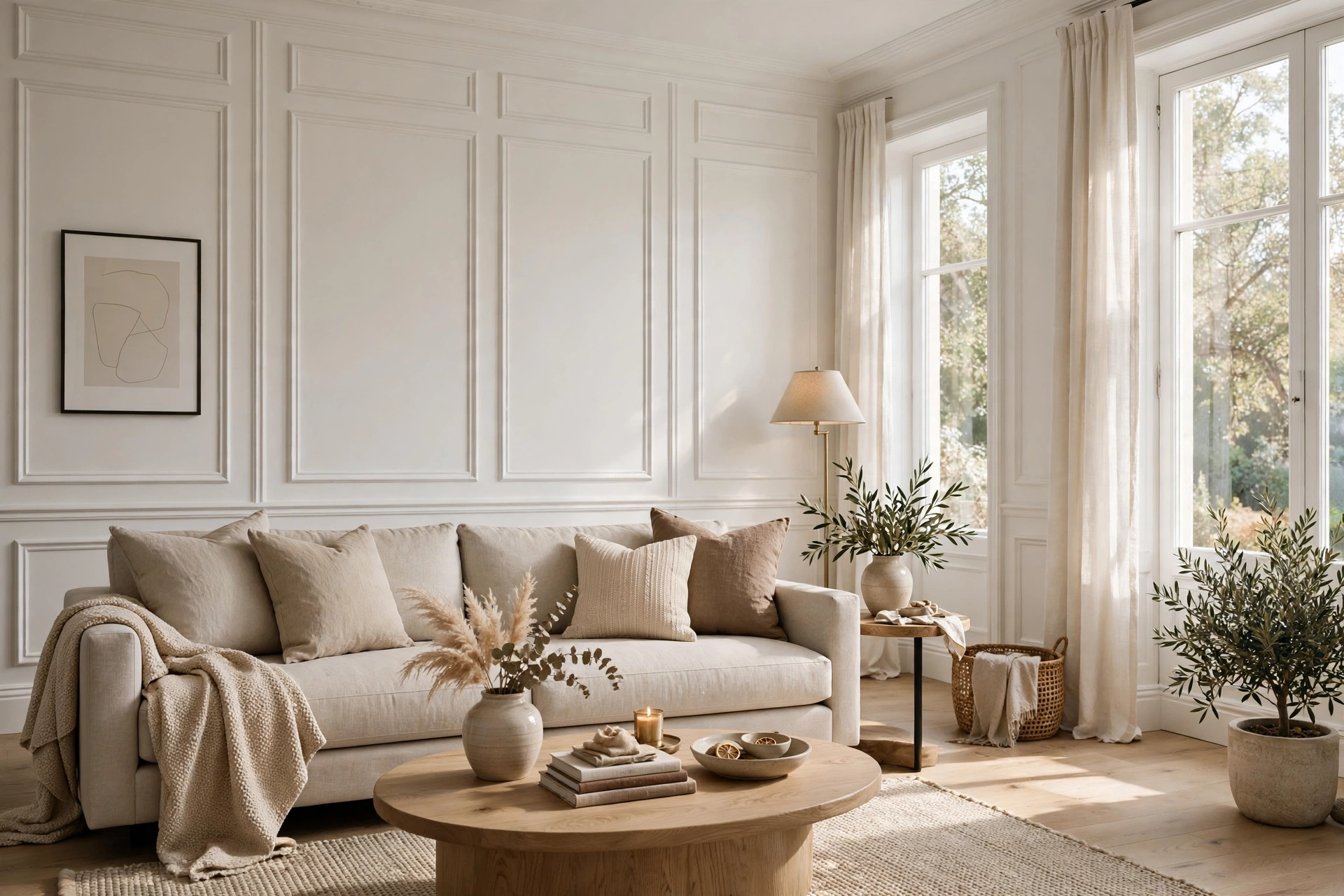Elegant Living Room With White Wall Molding Panels And Neutral Sofa