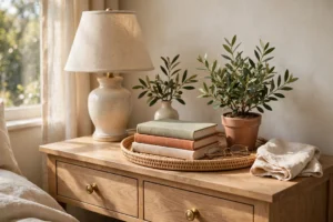 Cozy Nightstand With Lamp Tray Books And Plant