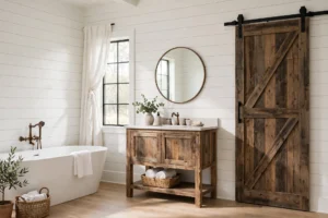 Farmhouse bathroom with white shiplap, reclaimed wood vanity, barn door and bronze fixtures