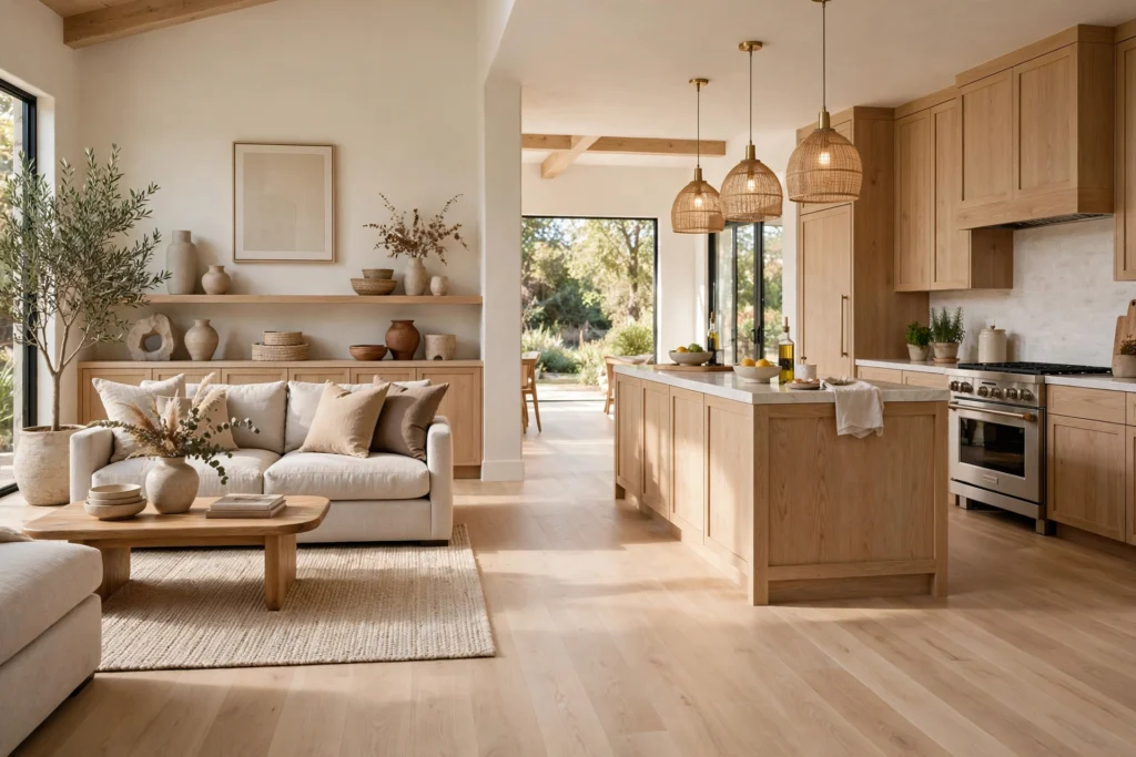 Open Concept Kitchen And Living Room With White Oak Floors Flowing Seamlessly