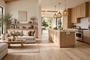 Open Concept Kitchen And Living Room With White Oak Floors Flowing Seamlessly