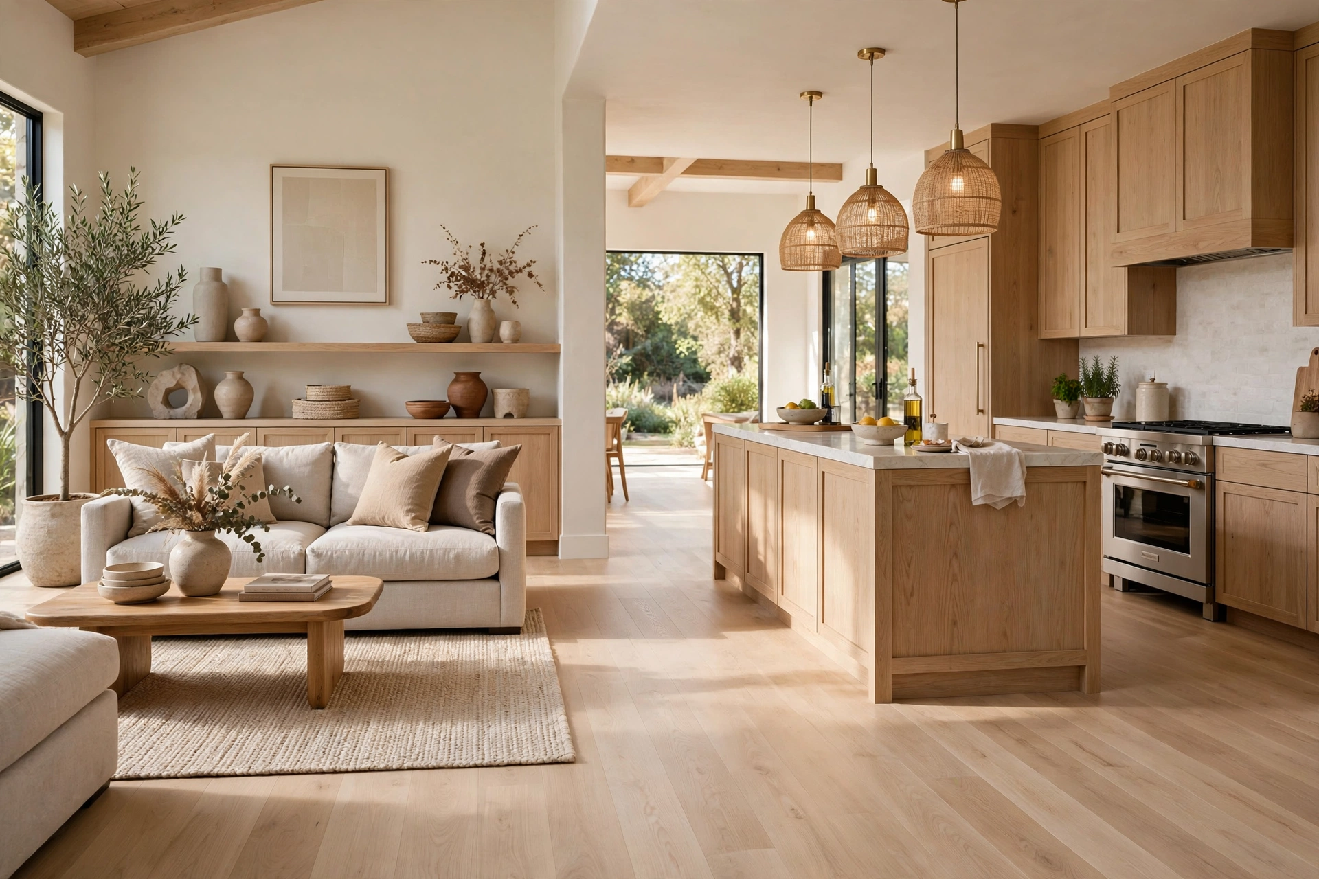 Open Concept Kitchen And Living Room With White Oak Floors Flowing Seamlessly