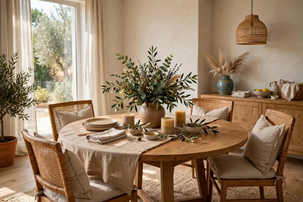 Round Dining Table With a Cozy Charming Centerpiece
