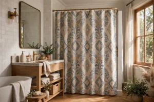 Elegant Bathroom With Stylish Patterned Shower Curtain Display