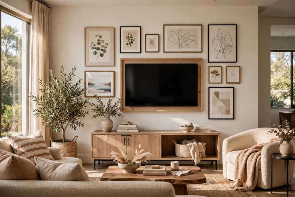 Modern Living Room With Framed TV On A Styled Gallery Wall