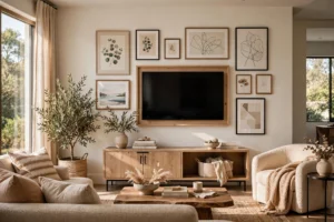 Modern Living Room With Framed TV On A Styled Gallery Wall