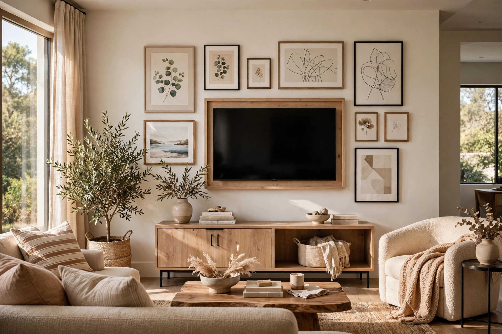 Modern Living Room With Framed TV On A Styled Gallery Wall