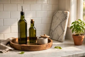 Styled Kitchen Countertop Decor With Trays And Greenery