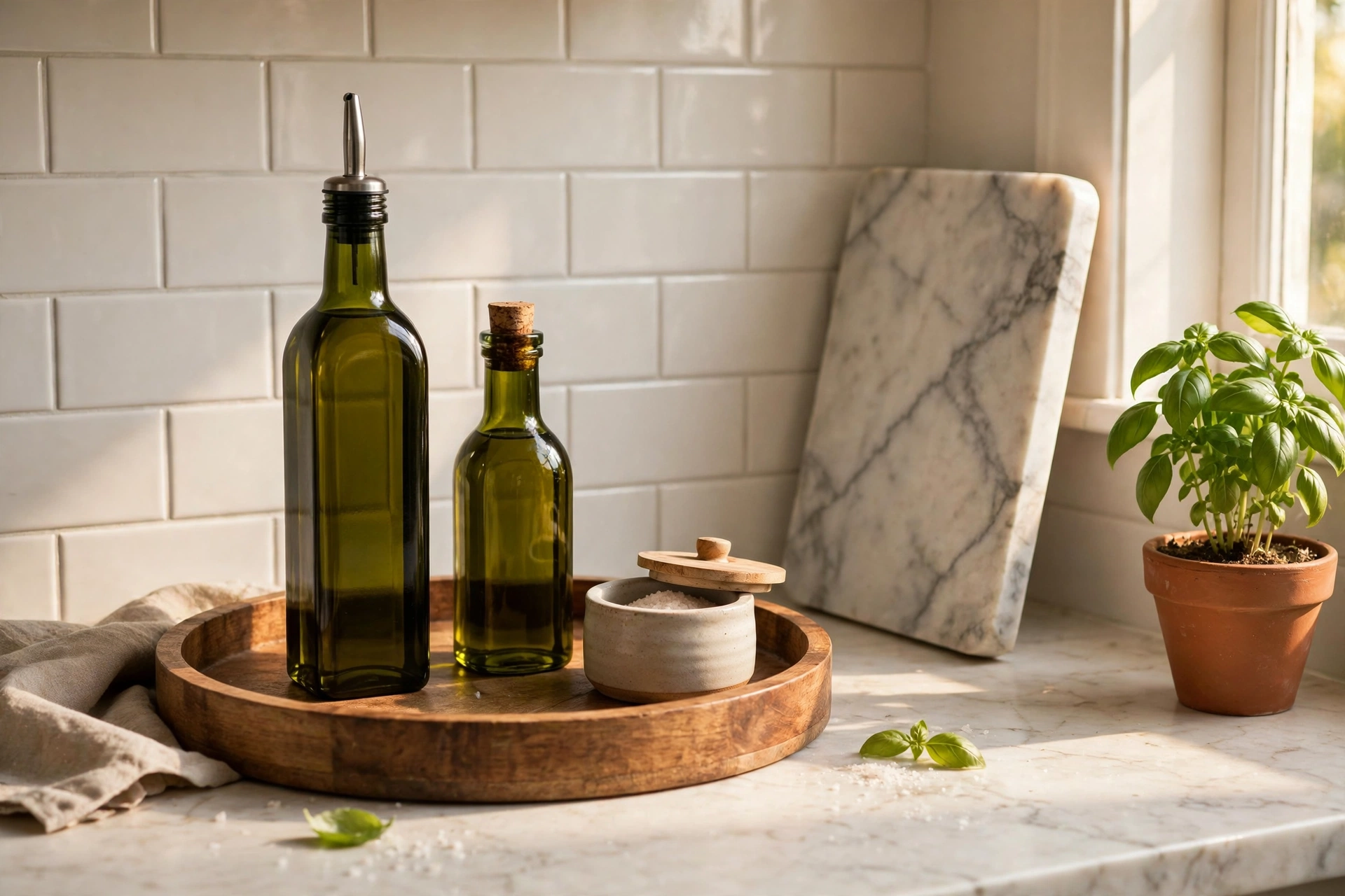 Styled Kitchen Countertop Decor With Trays And Greenery