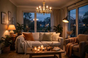Cozy Living Room With Layered Lighting And Warm Glow