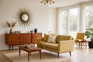 Mid-century modern living room with teak credenza, tapered-leg sofa, starburst mirror and mustard accents