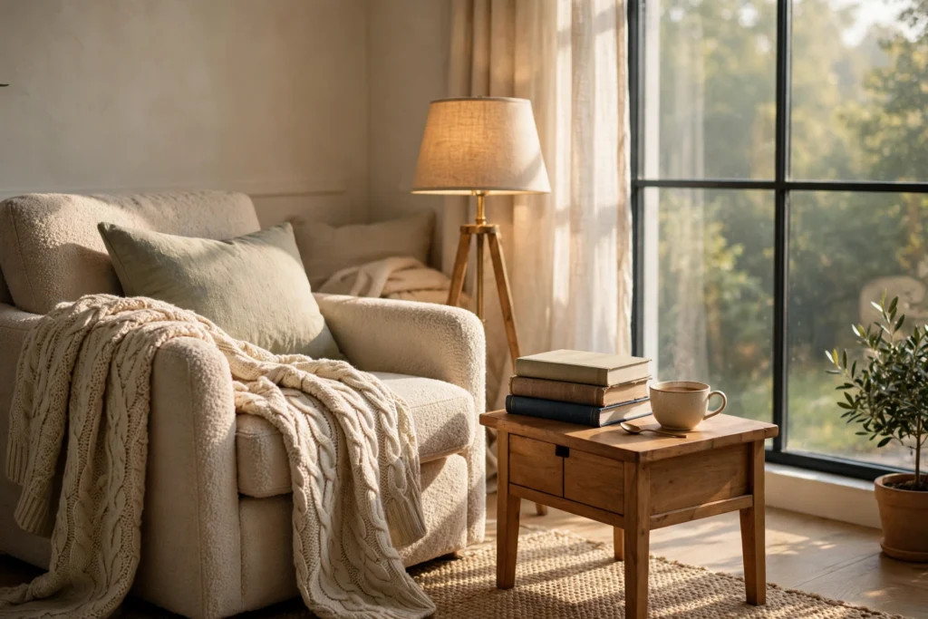 Bedroom seating area with a cozy reading corner