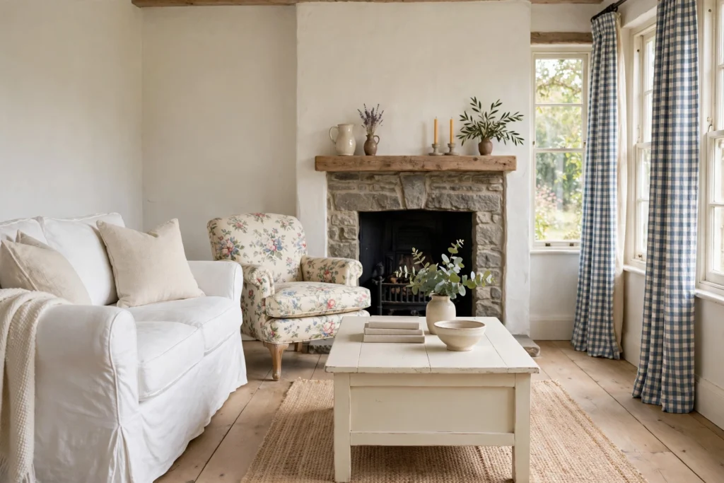 Cozy cottage living room with white slipcovered sofa, floral chintz armchair and stone fireplace