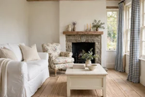 Cozy cottage living room with white slipcovered sofa, floral chintz armchair and stone fireplace