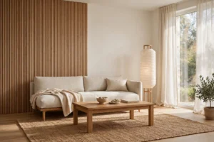Serene Japandi living room with low linen sofa, oak furniture and soft daylight