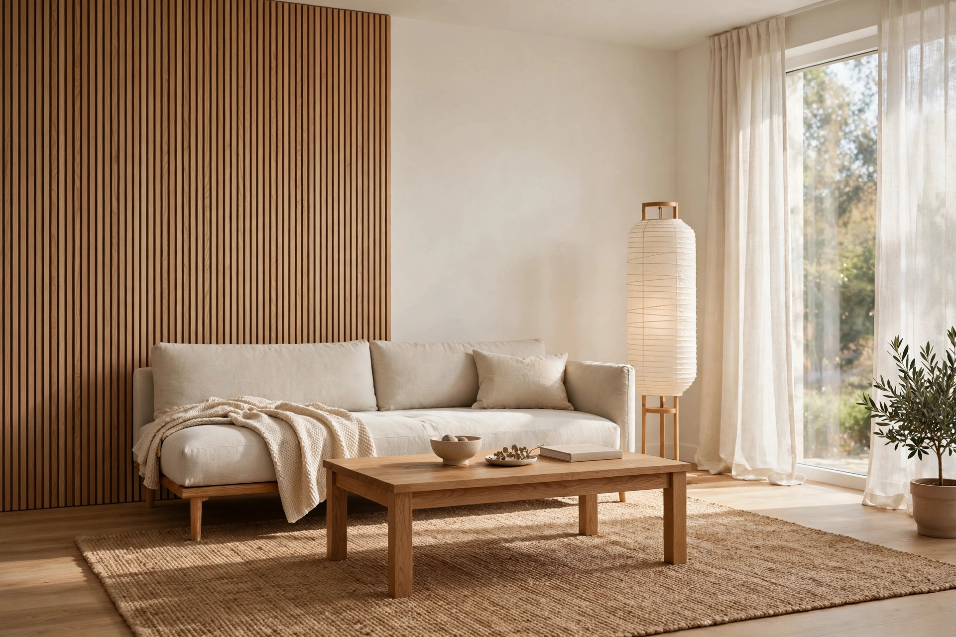 Serene Japandi living room with low linen sofa, oak furniture and soft daylight