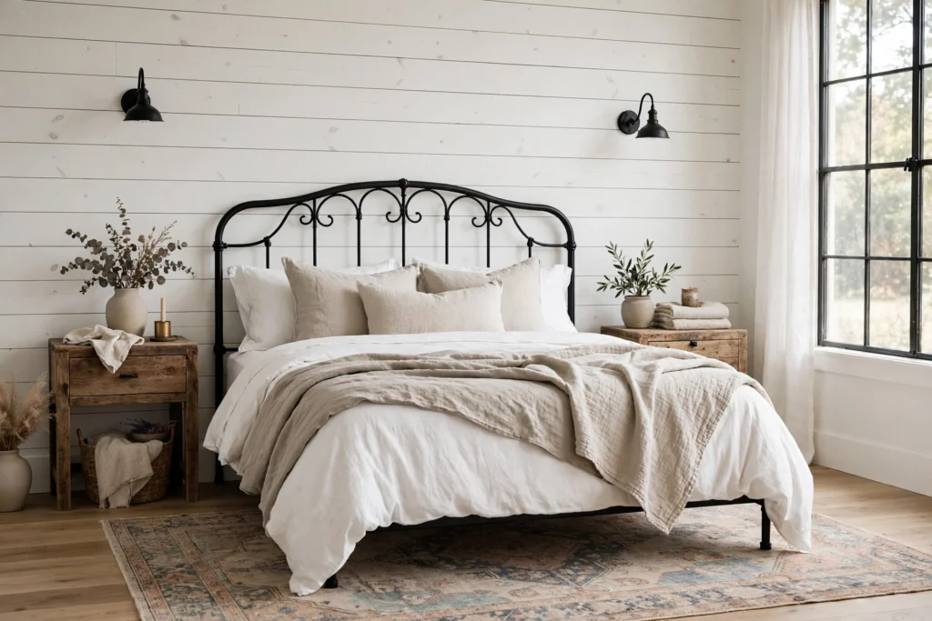 Farmhouse bedroom with white shiplap accent wall, black iron bed, linen bedding and reclaimed wood nightstands