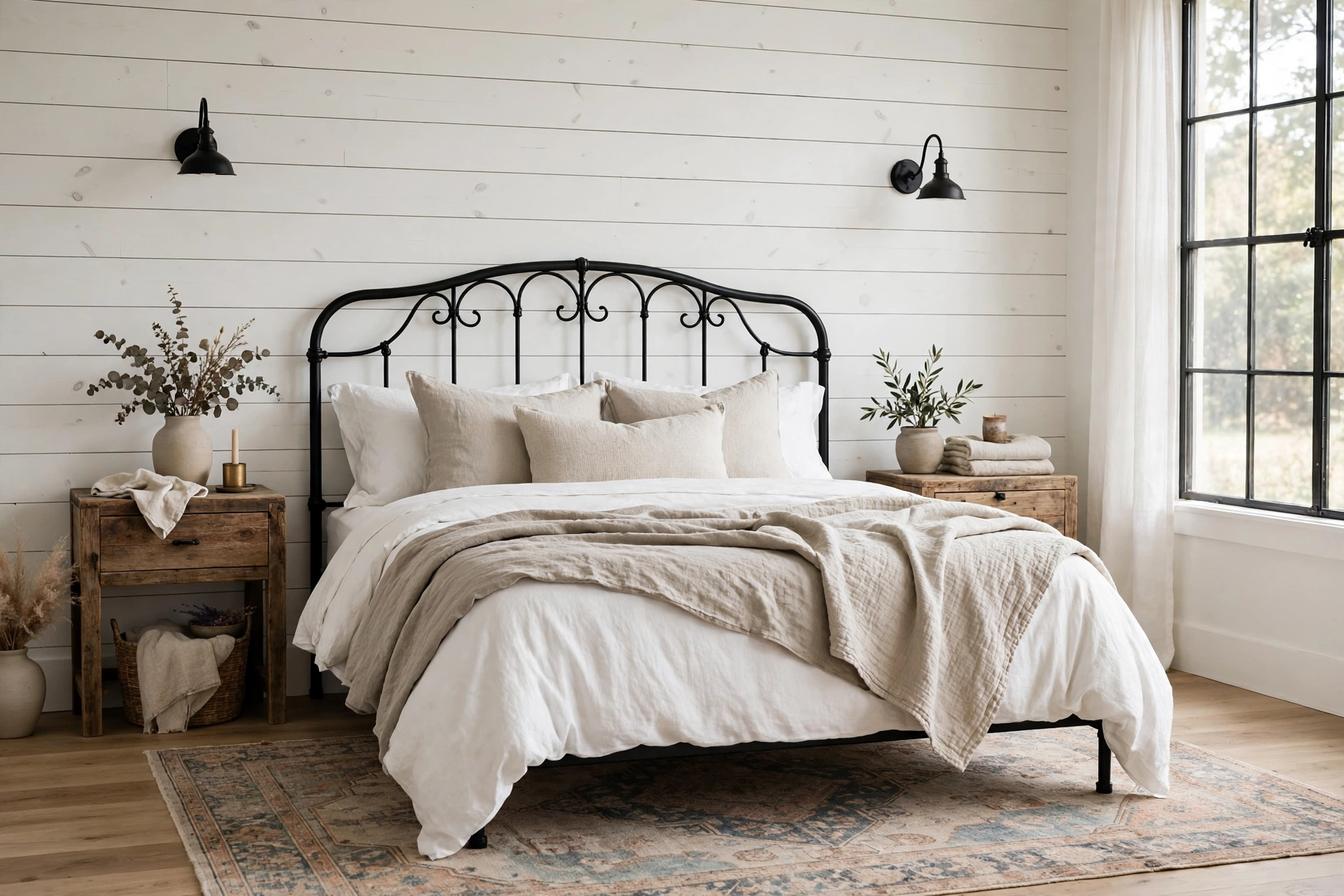 Farmhouse bedroom with white shiplap accent wall, black iron bed, linen bedding and reclaimed wood nightstands