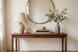 Styled Living Room Console Table With Mirror Lamps And Greenery