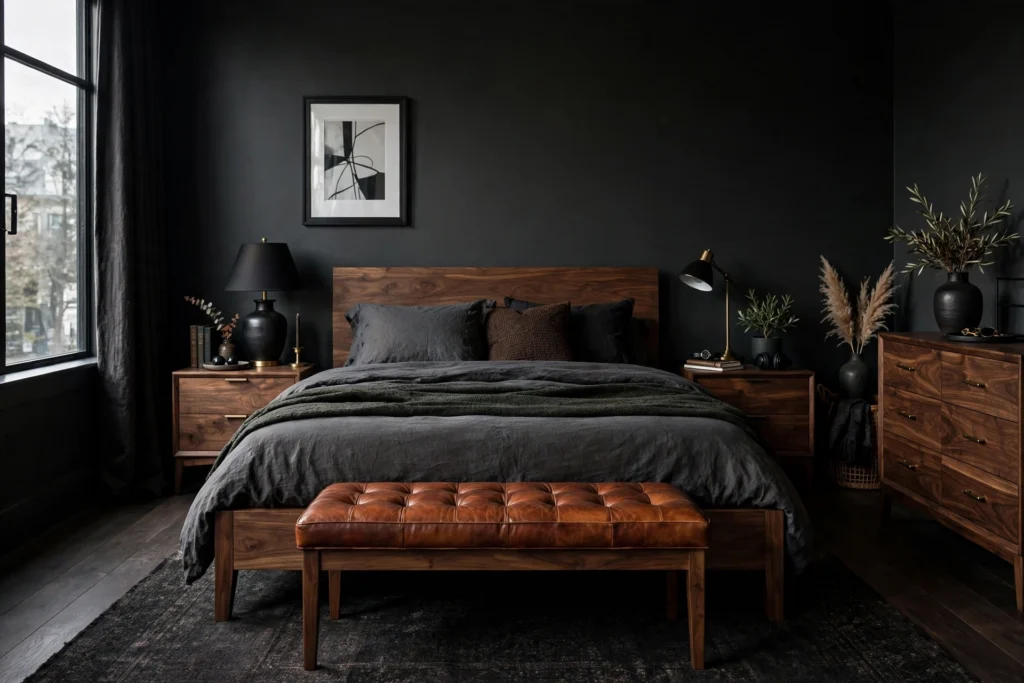 Masculine Bedroom With Bold Confident Style And Dark Walls