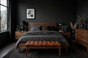 Masculine Bedroom With Bold Confident Style And Dark Walls