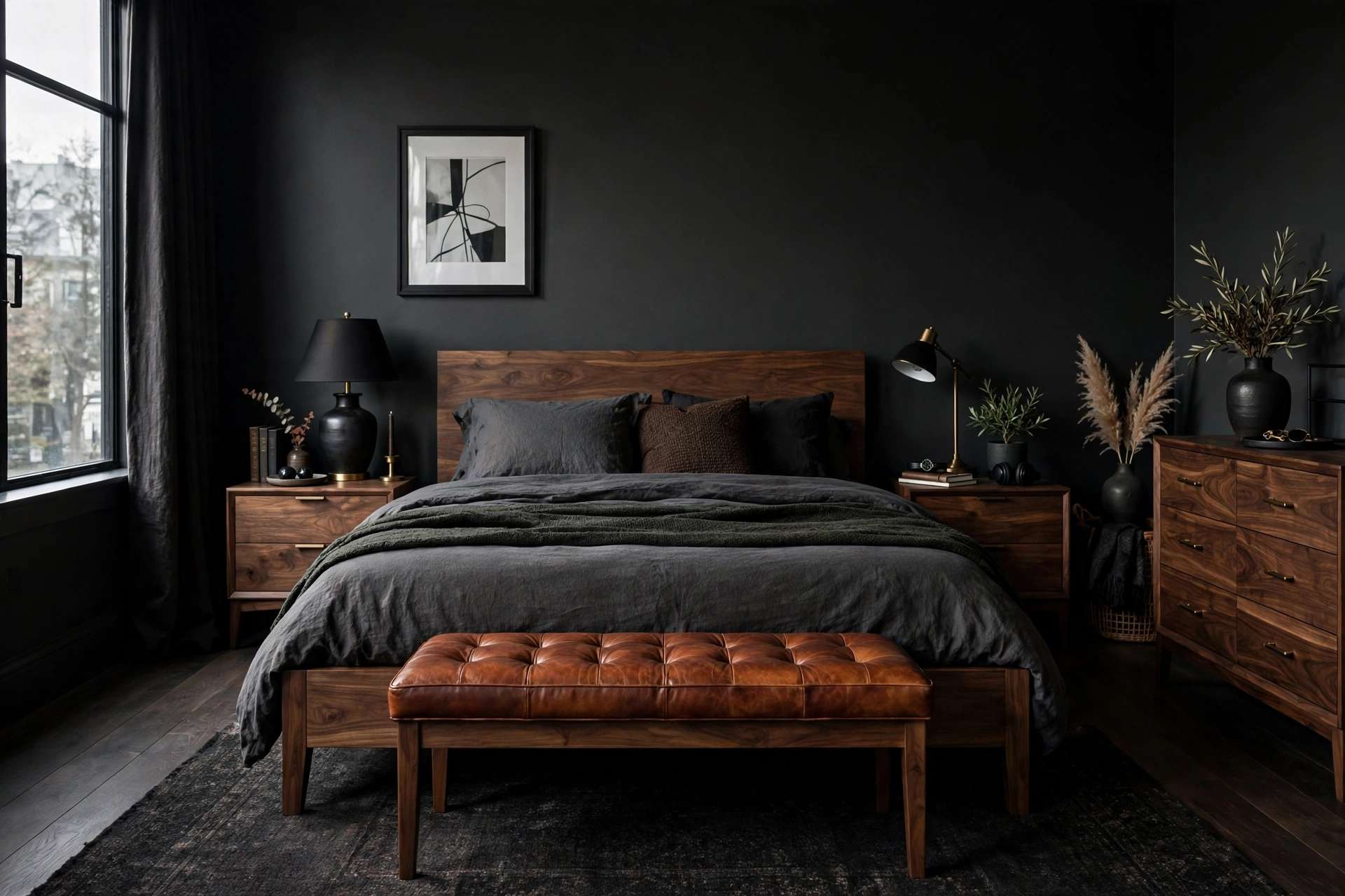 Masculine Bedroom With Bold Confident Style And Dark Walls