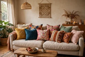 Stylish Living Room Sofa With Colorful Throw Pillows