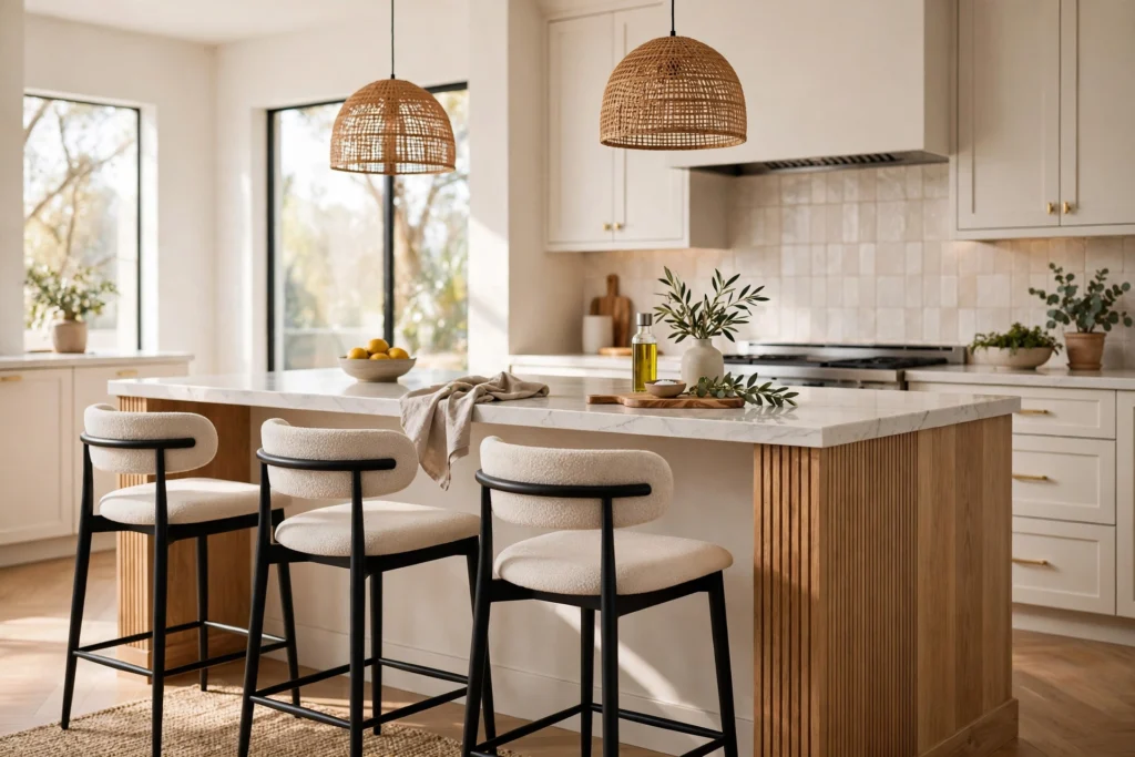 Stylish kitchen island with modern bar stools in a bright home decor