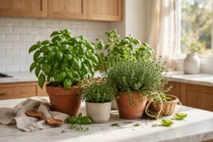 Lush kitchen herb garden with potted basil and thyme on a bright countertop