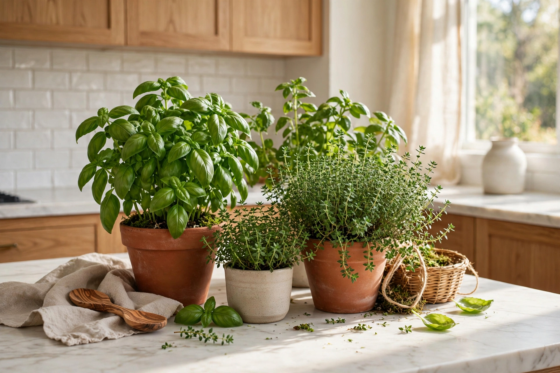 Lush kitchen herb garden with potted basil and thyme on a bright countertop