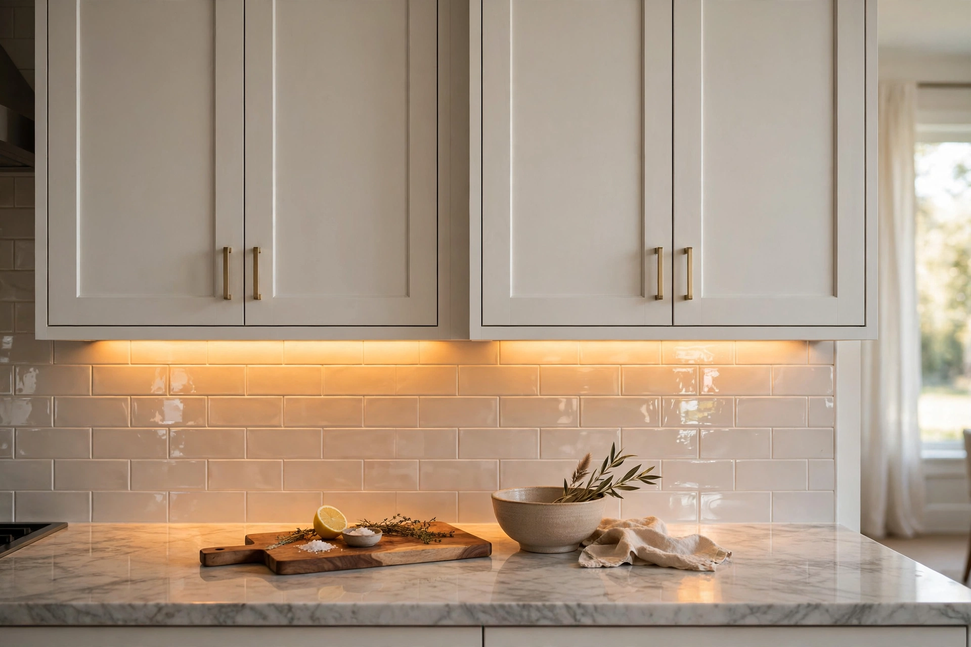 Warm under cabinet lighting glowing over a modern kitchen countertop