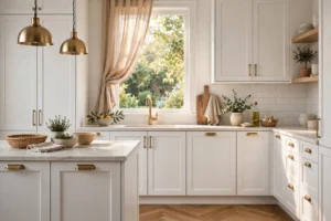 Stylish kitchen with brushed brass cabinet pulls on white shaker cabinets