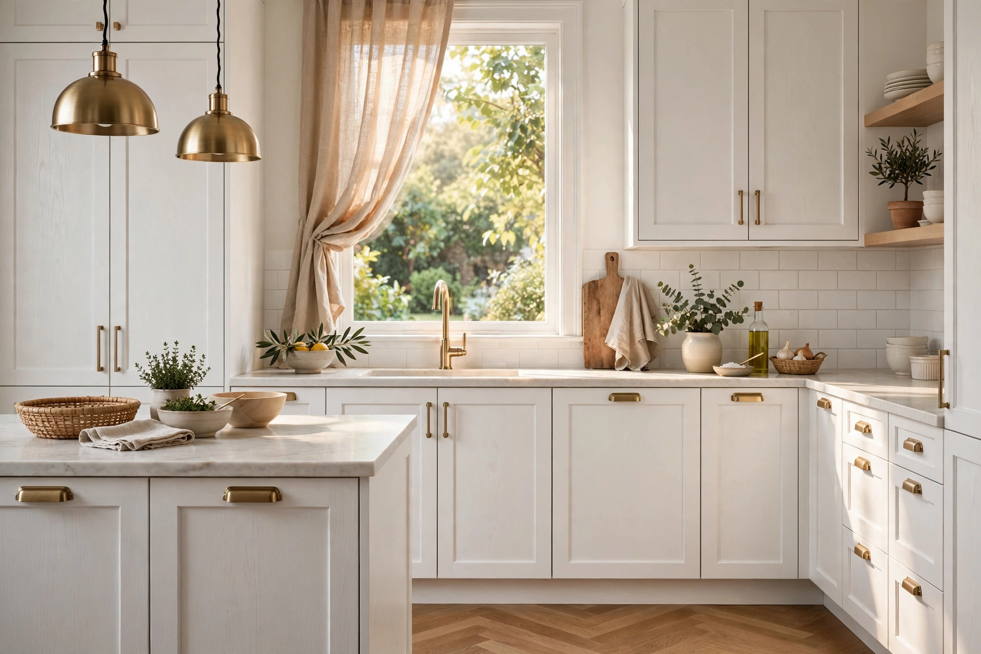 Stylish kitchen with brushed brass cabinet pulls on white shaker cabinets