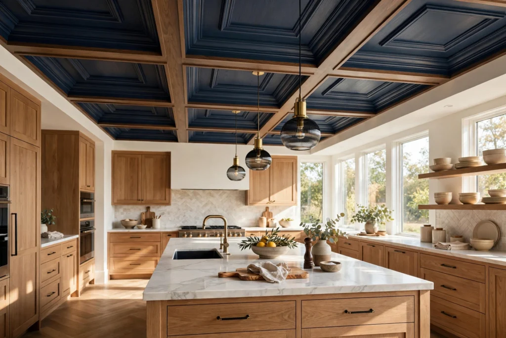 Bold kitchen ceiling with coffered design above a stylish island