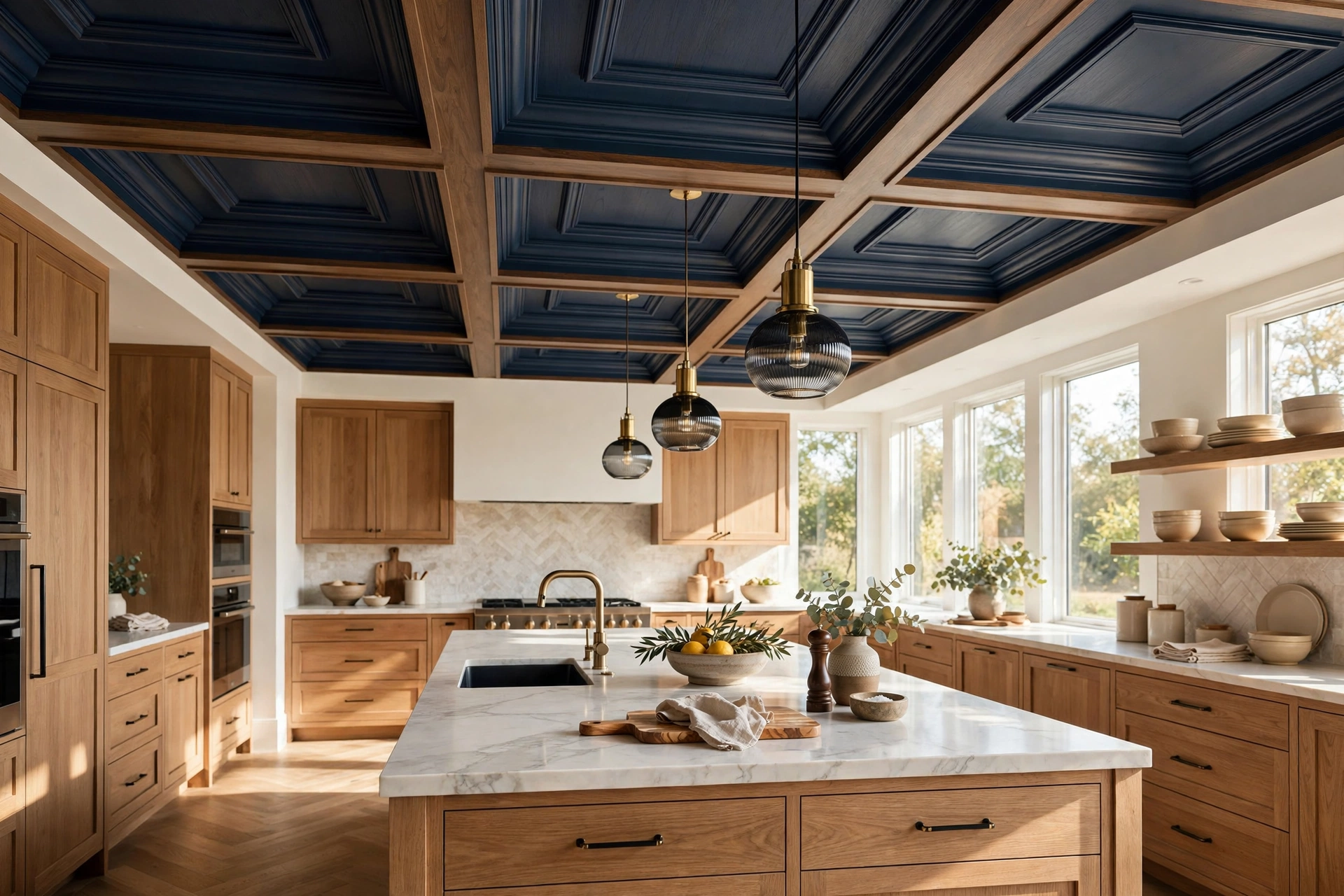 Bold kitchen ceiling with coffered design above a stylish island