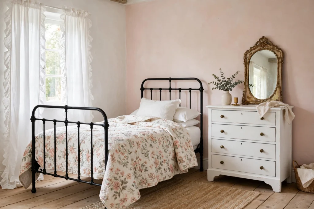 Cozy cottage bedroom with black iron bed, floral quilt, ruffled curtains and pastel walls in soft daylight
