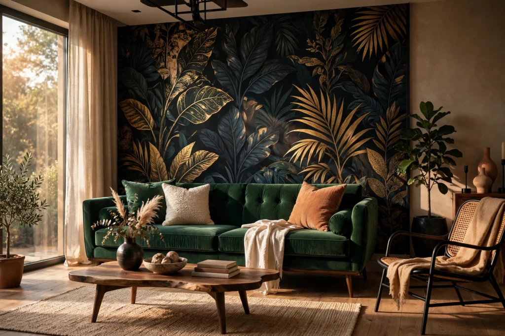 Dramatic living room with bold wallpaper backdrop behind an elegant sofa