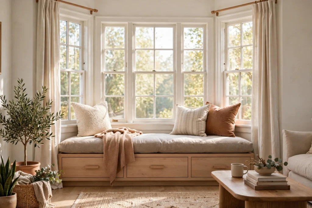 Built-in bay window seat with thick cushion and storage drawers in a bright living room