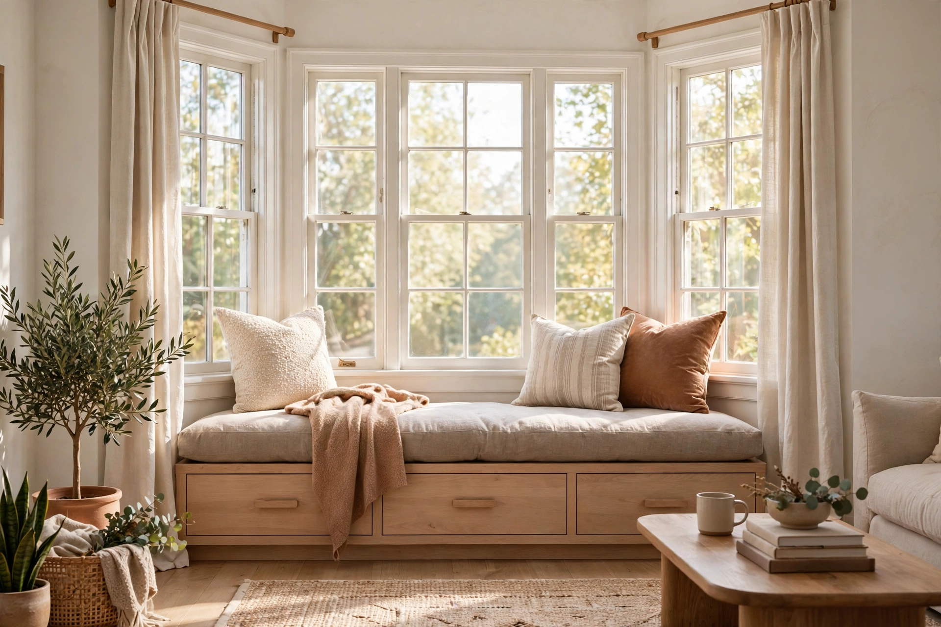 Built-in bay window seat with thick cushion and storage drawers in a bright living room