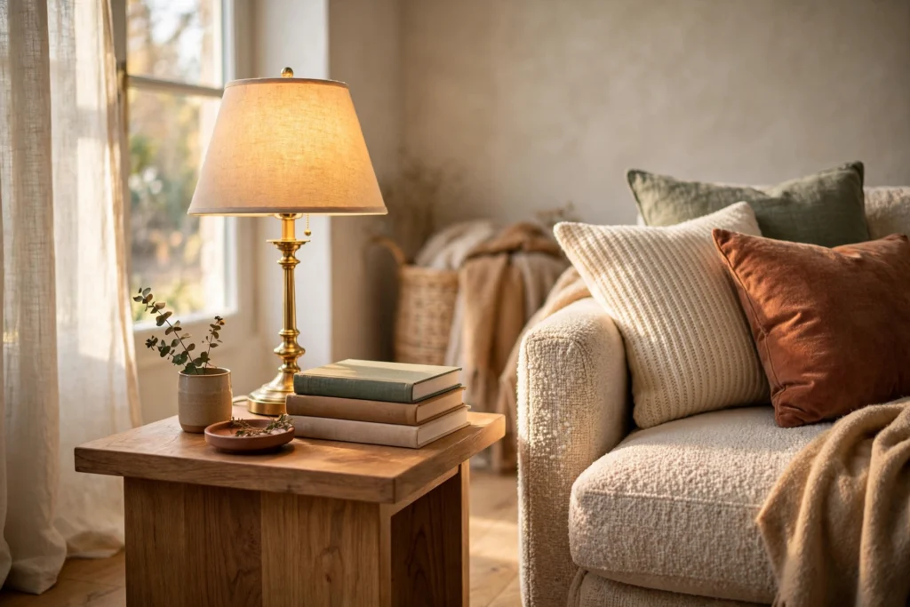 Stylish living room side table styled with a lamp and books beside a cozy sofa